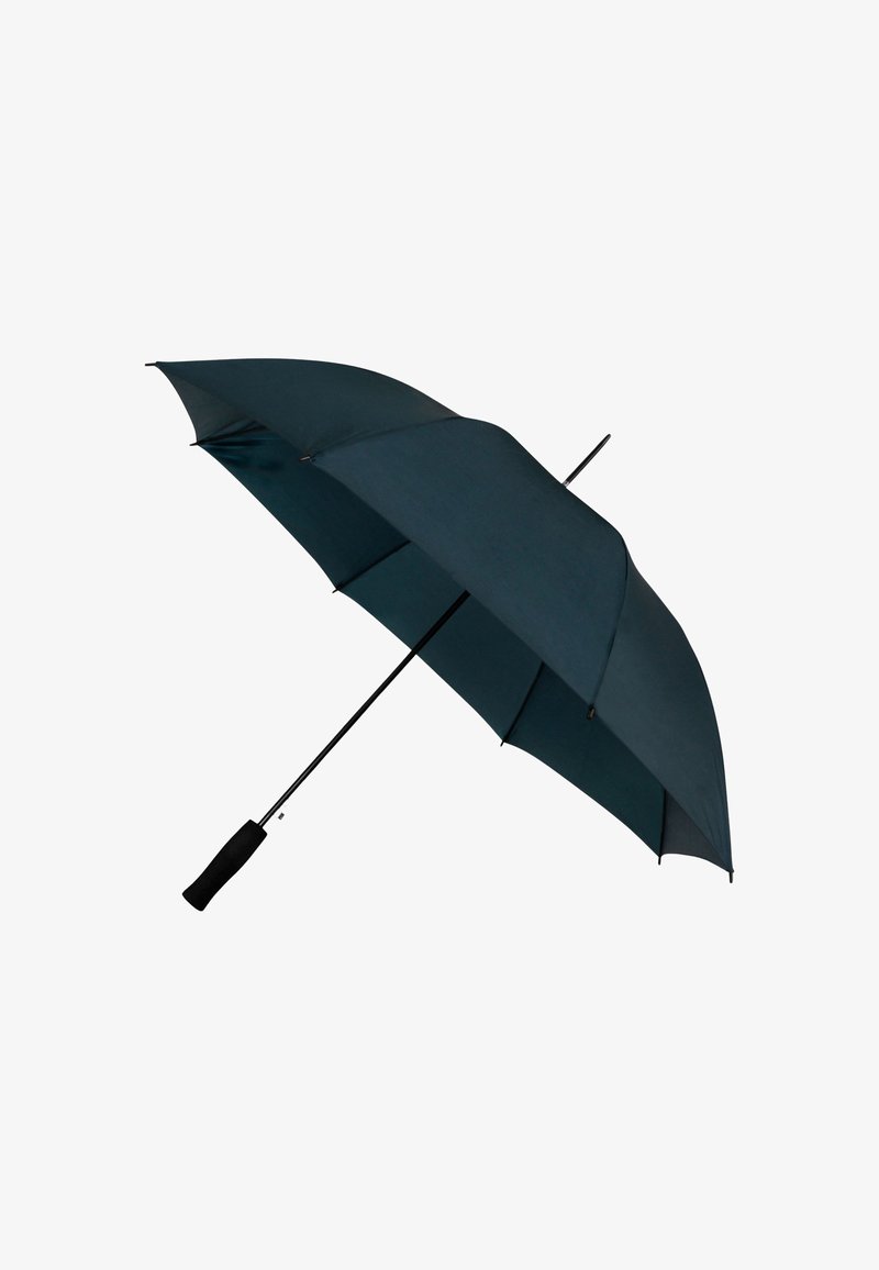 Ombrello compatto con una canopy in tessuto verde scuro, telaio metallico e un manico testurizzato nero per una presa migliore. La canopy presenta otto stecche.