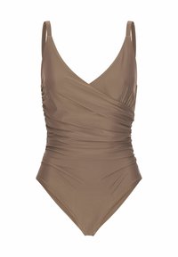 Costum de baie dintr-o singură piesă, de culoare maro, cu decolteu în V, bretele subțiri și detalii gathered pe lateral. Material neted, cu un design ajustat și tăietură înaltă a piciorului.