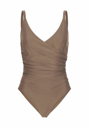 Rjava enodelna kopalna obleka z v-izrezom, tanjšimi naramnicami in nabranimi stranskimi detajli. Gladek material z oblikovanim dizajnom in visokim izrezom na nogah.