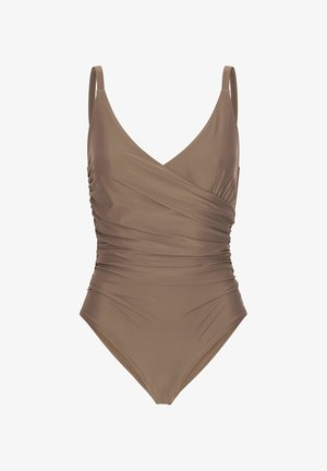 Brun badedragt i ét stykke med v-udskæring, tynde stropper og samlet side detalje. Glat stof med tætsiddende design og høj benudskæring.