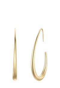 Zlate obroče za ušesa z elegantnim, podolgovatim oblikom kapljice, ki imajo gladke, polirane površine in subtilno krivuljo.