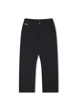 Pantaloni negri cu un design drept, din bumbac, având o broderie cu pește auriu pe buzunarul stâng și închidere standard cu nasture.