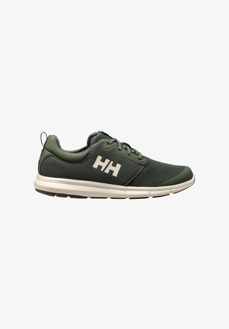 Scarpa sportiva verde scuro con logo "HH" bianco, suola bianca, tomaia in rete e lacci, vista laterale su sfondo bianco.