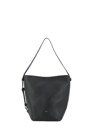 Black textured leather bucket bag with single shoulder strap and small gold logo on front center.