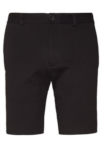 Černé šortky z hladkého materiálu, s knoflíkovým zapínáním, poutky na opasek a upraveným střihem se rovnou siluetou.
