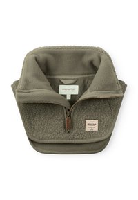 Fleece pullover in olive green with a soft, textured front, zip collar, and a brand label. Features a smooth interior lining.