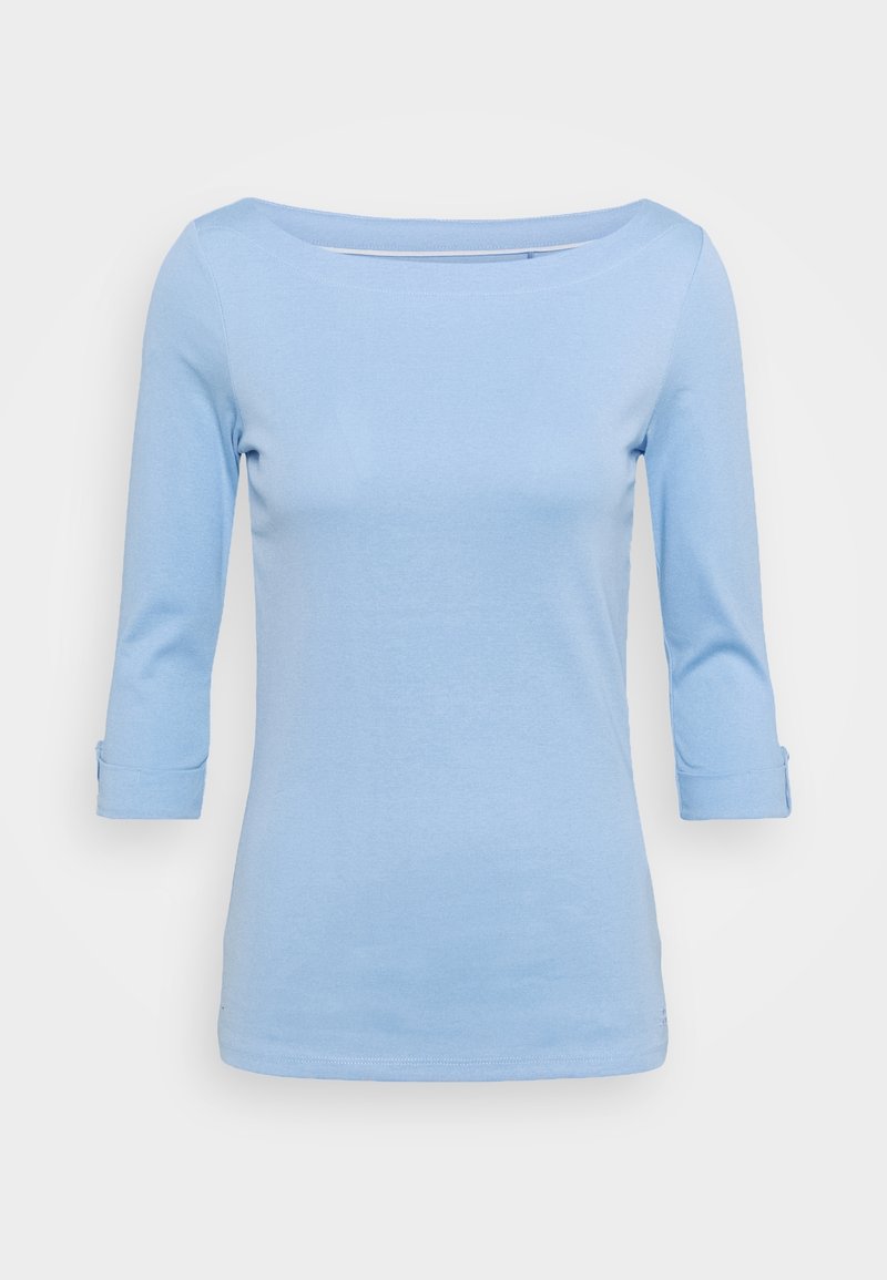 Light blue, long-sleeve top with a wide neckline. Made of soft fabric. Features rolled cuffs and a fitted shape. Simple design with no patterns.