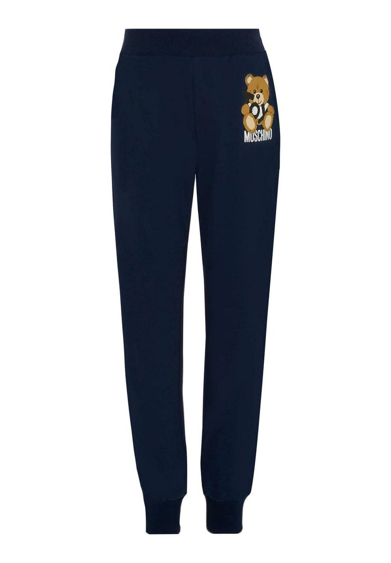 Donkerblauwe sweatpants van zachte stof, met een teddybeerafbeelding en "Muschino" tekst op het bovenbeen. Elastische tailleband en boorden.