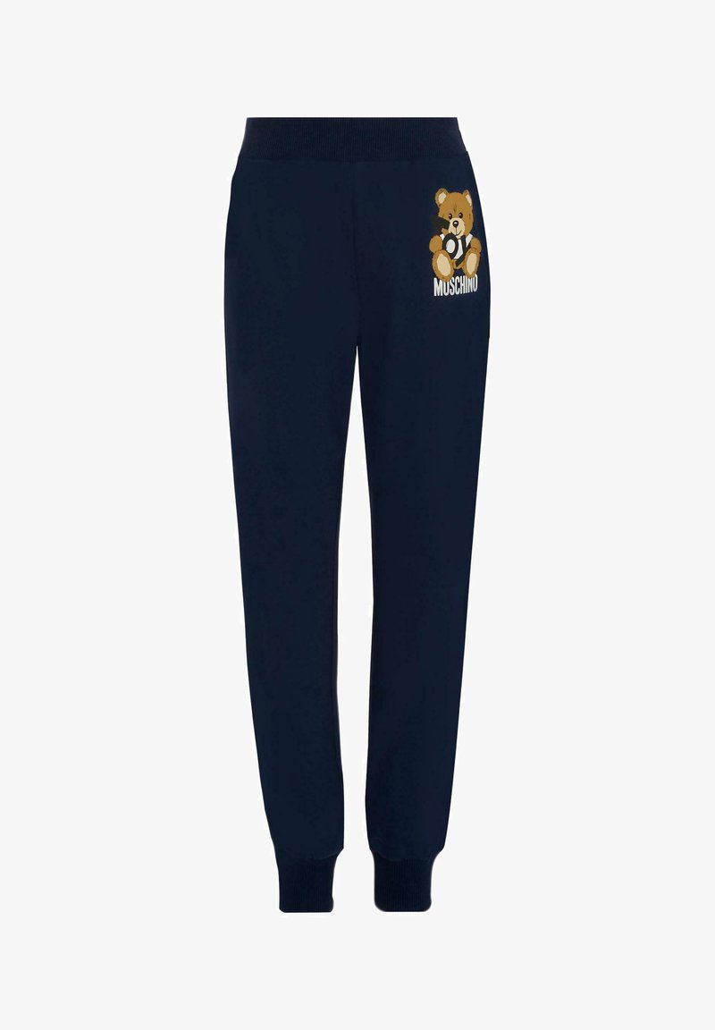 Donkerblauwe sweatpants van zachte stof, met een teddybeerafbeelding en "Muschino" tekst op het bovenbeen. Elastische tailleband en boorden.