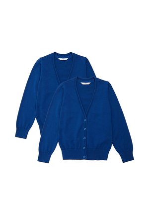 Blauwe gebreide vesten met V-hals, lange mouwen, geribde manchetten en knoopsluiting. Zachte textuur; twee vesten samen tentoongesteld.