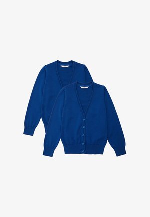 Gilets en tricot bleu avec col en V, manches longues, poignets côtelés et fermeture boutonnée. Texture douce ; deux gilets présentés ensemble.