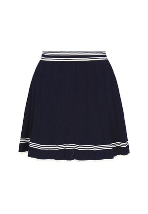 Fustă plisată bleumarin din țesătură texturată cu un model în diamant, având un tiv riglat cu dungi albe de-a lungul părții superioare.