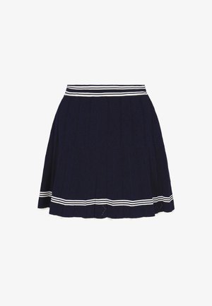 Fustă plisată bleumarin din țesătură texturată cu un model în diamant, având un tiv riglat cu dungi albe de-a lungul părții superioare.