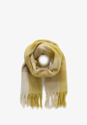 Yellow and cream striped scarf made of soft material, featuring fringe edges and a warm texture. Rounded shape with layered colors.