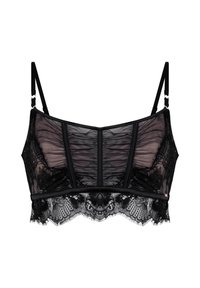Bralette de encaje negro semitransparente con tirantes ajustables, paneles frontales de malla fruncida y borde de encaje con forma de ondas en el dobladillo.
