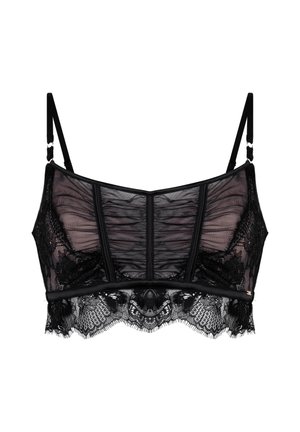 Bralette de encaje negro semitransparente con tirantes ajustables, paneles frontales de malla fruncida y borde de encaje con forma de ondas en el dobladillo.