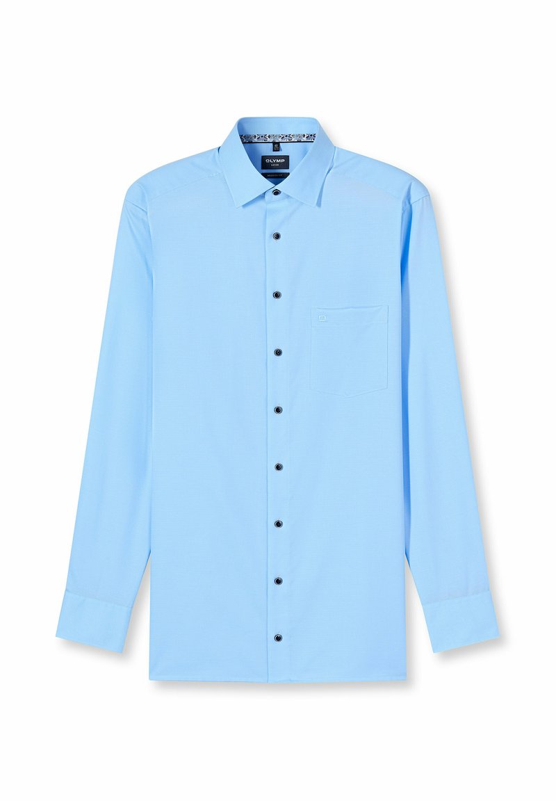Hellblaues Langarmhemd mit Knopfkragen, schwarzen Knöpfen und einer einzelnen Brusttasche; glatte Stofftextur.