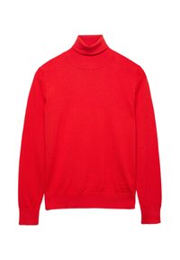 Maglione a collo alto rosso realizzato in morbido materiale a maglia, con un design aderente, maniche lunghe e una superficie liscia senza alcun motivo visibile.