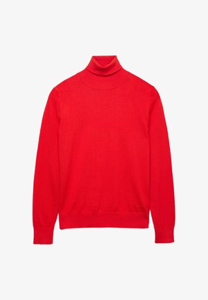 Jersey de cuello alto rojo hecho de un material de punto suave, con un diseño ajustado, mangas largas y una textura lisa sin patrones visibles.