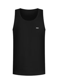 Top senza maniche nero realizzato in tessuto morbido, con scollatura tonda e un piccolo logo argento sulla parte anteriore.