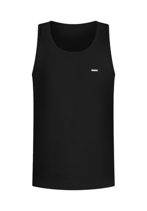 Top senza maniche nero realizzato in tessuto morbido, con scollatura tonda e un piccolo logo argento sulla parte anteriore.