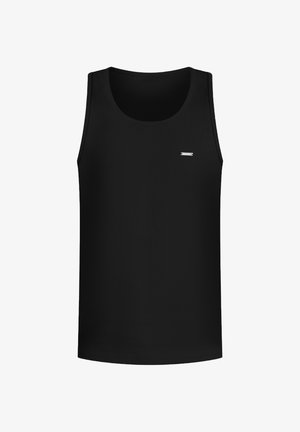 Top senza maniche nero realizzato in tessuto morbido, con scollatura tonda e un piccolo logo argento sulla parte anteriore.