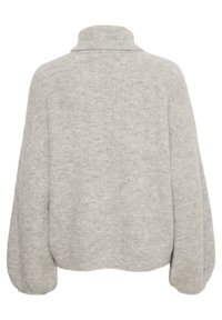 Harmaa neulepaita, jossa on korkea kaulus, drop shoulders -tyyli ja pitkät, hieman puffatut hihat; pehmeä pinta, jossa on hienovarainen kuvio.