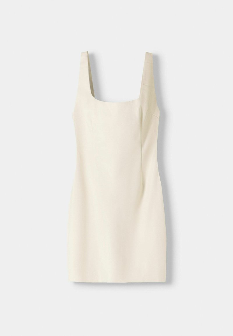 Cremfarbendes, ärmelloses Kleid mit quadratischem Ausschnitt, taillierter Silhouette und glatter Textur. Keine Muster oder sichtbaren Beschläge.