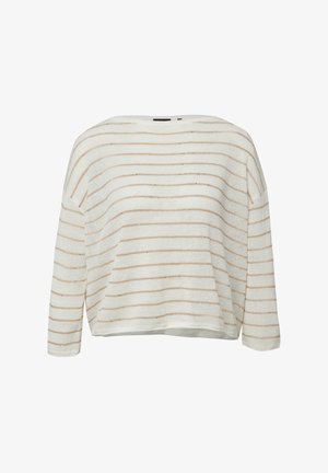 Pull en maille blanc avec fines rayures horizontales beiges, manches longues et coupe décontractée.