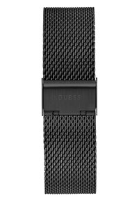 Fekete hálós óra szíj szőtt textúrával és matt fekete csattal, amelyen a "GUESS" logó található. Tartós és rugalmas kialakítás.