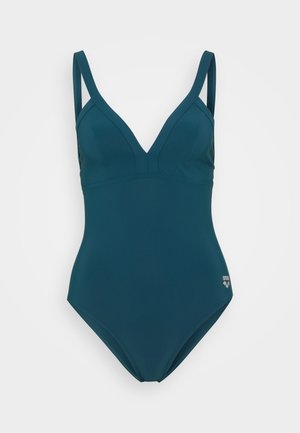Costume intero verde acqua con scollatura a V profonda, spalline regolabili e dettaglio del logo, realizzato in un materiale liscio ed elastico.