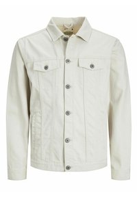 Giacca di jeans color beige chiaro con chiusura a bottoni, colletto a punta, due tasche sul petto e tasche laterali. Presenta bottoni metallici e vestibilità standard.