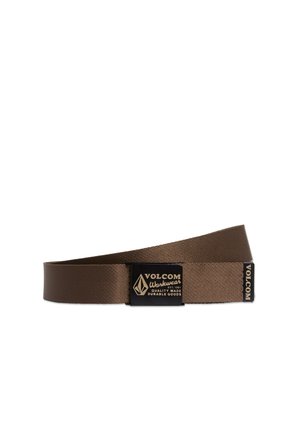 Ceinture en tissu marron avec boucle rectangulaire noire présentant le logo Volcom Workwear et un texte beige.