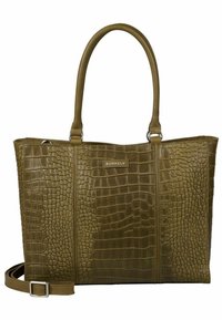 Borsa a tracolla verde oliva con embossing coccodrillo, dotata di doppi manici e tracolla rimovibile, caratterizzata da una sottile placca con logo sul davanti.