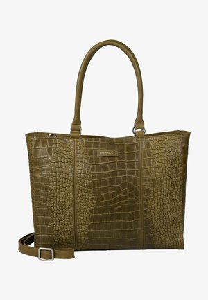 Krokodillepræget olivengrøn totebag med dobbelte håndtag og aftagelig skulderrem, som har en diskret logo-plade på fronten.