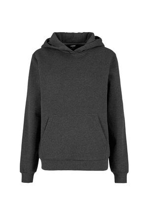 Sötét szürke kapucnis pulóver elülső zsebbekkel, bordás mandzsettával és szegéllyel. Puha, texturált anyagból készült, laza dizájn, amely alkalmas rétegezésre.