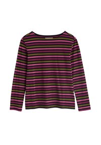 Majica dugih rukava s horizontalnim prugama u magenta, maslinasto zelenoj i crnoj boji. Izrađena od mekanog materijala s okruglim izrezom i opuštenim krojem.