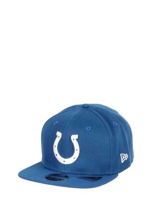 Blue baseball cap made of cotton with a flat brim. Features a white horseshoe logo on the front. Six ventilation holes and embroidered logo on the side.