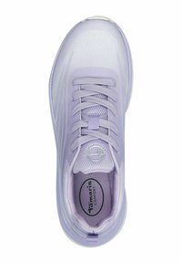 Light purple athletic shoe made of mesh and textile. Features round laces, a cushioned sole, and a logo on the side. Smooth texture.