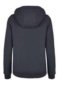 Felpa grigia scura con cappuccio arrotondato, maniche lunghe e polsini a costine. Texture liscia e design semplice e moderno, privo di motivi o accessori.