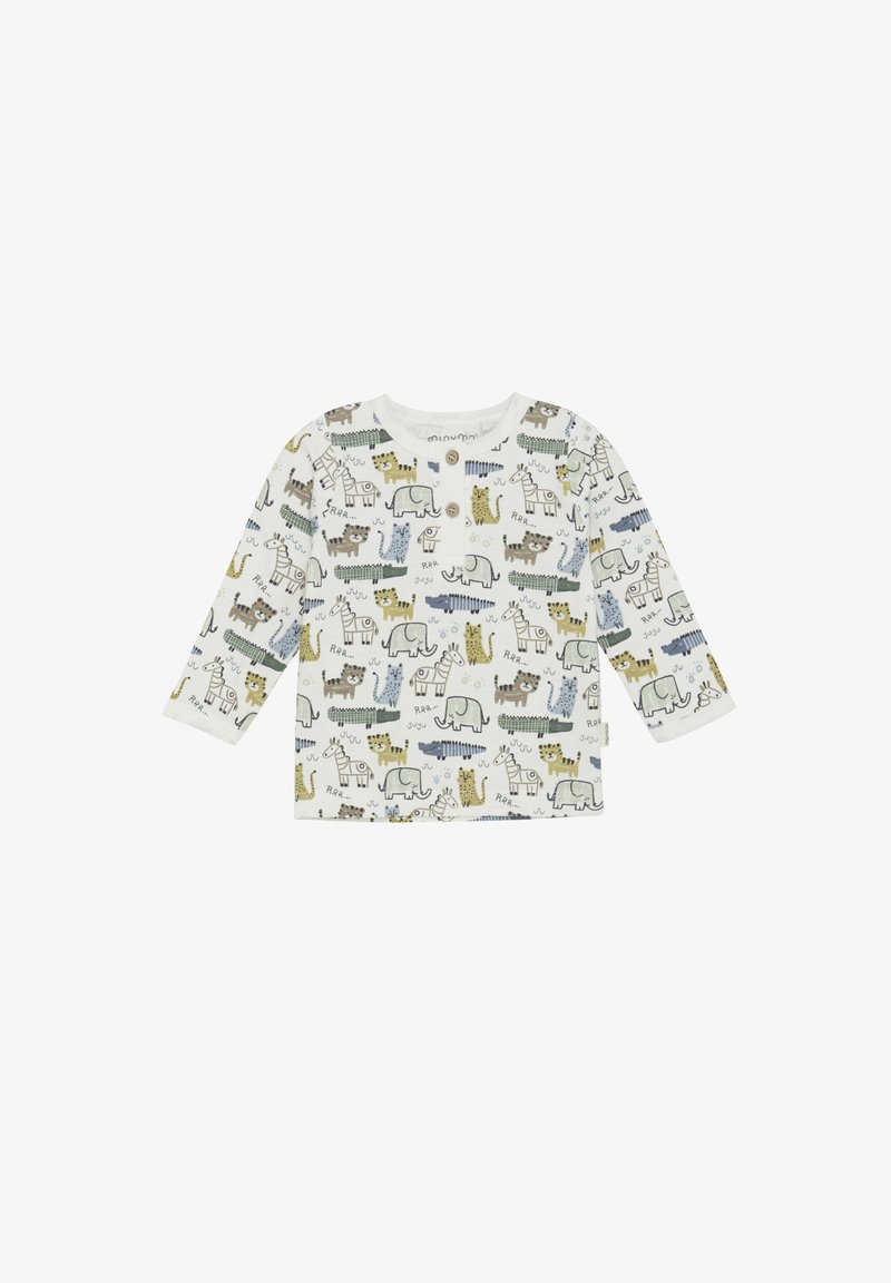 Long-sleeve shirt in cream fabric featuring colorful animal illustrations, three-button placket, and contrasting sleeve cuffs.