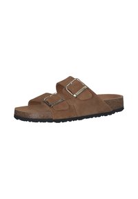 Barna suede papucs két állítható ezüst csattal, texturált parafafelsőrésszel és fekete gumitalppal a tapadásért.
