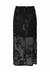 Jupe maxi noire brodée avec motif floral, tissu transparent, taille froncée et doublure ajustée. Détails de broderie raffinée sur l'ensemble.