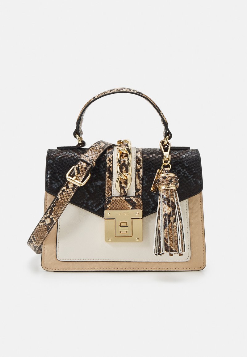 Ustrukturyzowana torebka z teksturowanej czarnej i beżowej skóry, złotymi elementami i ozdobnym frędzlem. Wzór zawiera pasek w wężowy wzór.