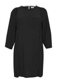 Vestido negro hecho de una tela suave y texturizada, con mangas tres cuartos, cuello redondo y un acabado decorativo a los lados.