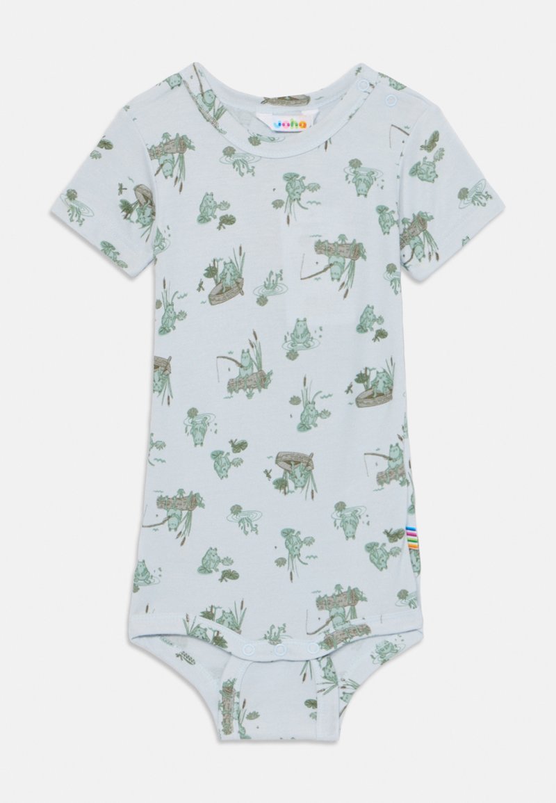 Light blue short-sleeve bodysuit featuring a frog-themed pattern in green. Snap closure at the bottom and a tag with rainbow stripes on the side.