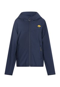 Tamsiai mėlyna striukė su užtrauktuku priekyje, su geltonu skėčio logotipu ant krūtinės ir su kapišonu. Pagaminta iš lengvos, glotnios medžiagos.