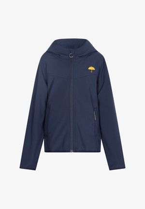 Tumesinine jakk, millel on lukuga eesmine osa, rinnal kollane vihmavari logo ja kapuuts. Valmistatud kerge ja siledast kangast.