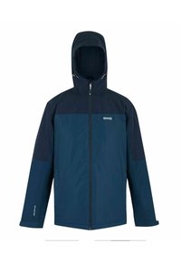 Chaqueta impermeable azul marino con capucha, cremallera frontal y logo de Regatta Great Outdoors en el pecho.