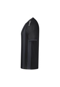 Maglietta sportiva nera a maniche corte, con un motivo testurizzato e strisce verticali grigio scuro. Collo rotondo e design ergonomico.